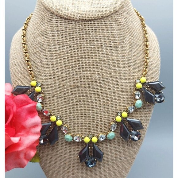 J.Crew Gold Tone Chain Gray Crystal Blue Bead Collar Length Statement Necklace - Picture 2 of 9